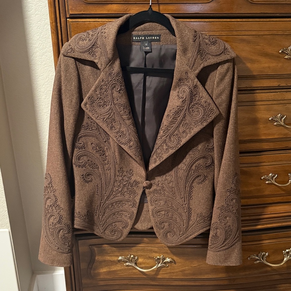 Ralph Lauren Brown Embroidered Paisley Wool-Blend Blazer